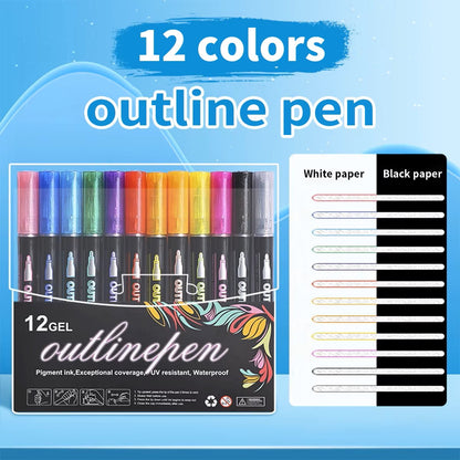 Double Line Pens Set – 8/12 Colors Metallic Self-Outline Markers for DIY Art & Cards