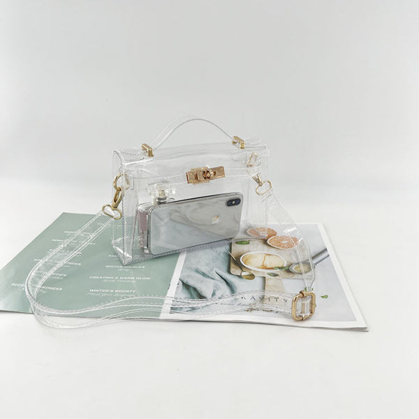 Bolsa de Ombro Transparente Dourada – Bolsa de Mão Transparente com Fecho