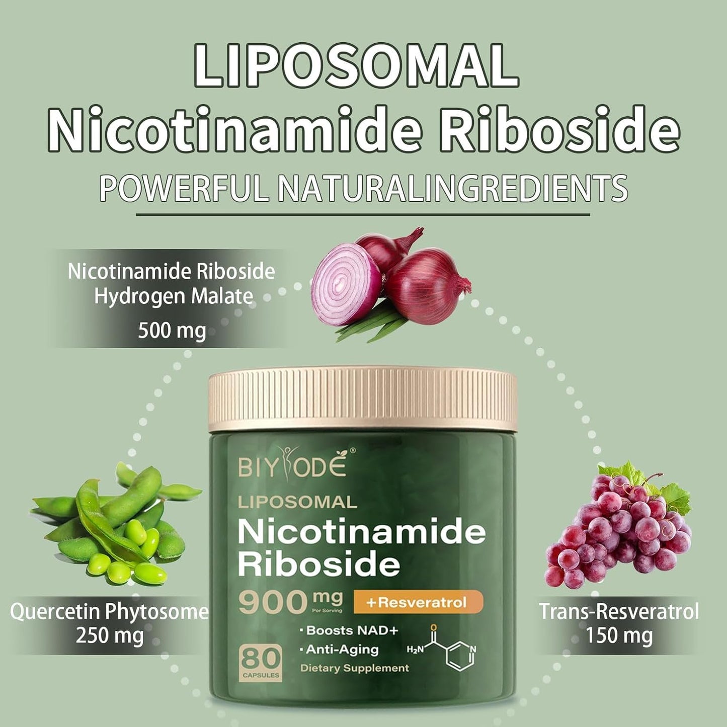 Liposomal NAD+ Nicotinamide Riboside Capsules 900mg with Resveratrol & Quercetin – Energy & Anti-Aging Support 80 Capsules