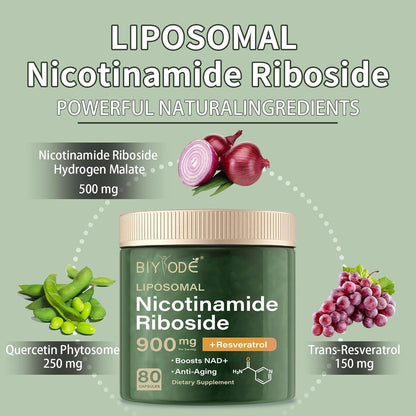 Liposomal NAD+ Nicotinamide Riboside Capsules 900mg with Resveratrol & Quercetin – Energy & Anti-Aging Support 80 Capsules