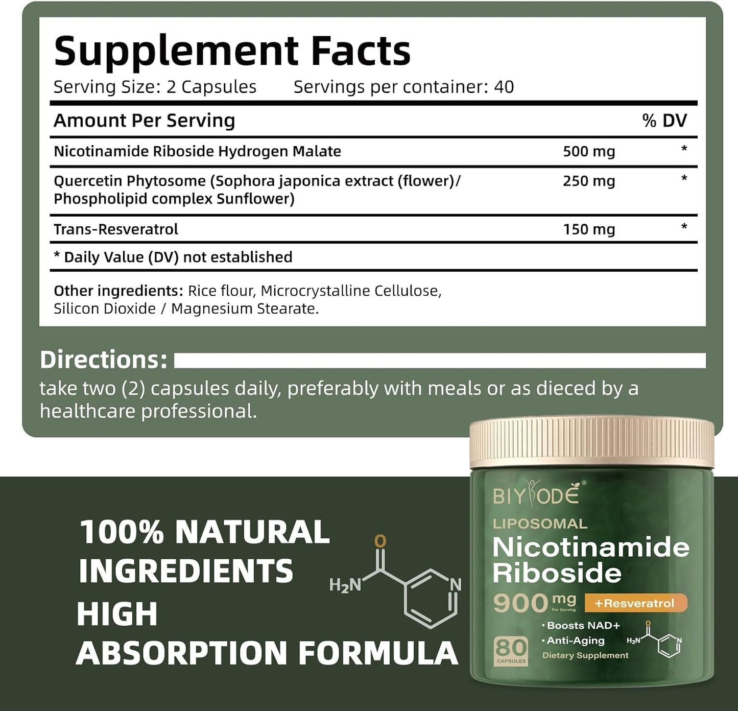 Liposomal NAD+ Nicotinamide Riboside Capsules 900mg with Resveratrol & Quercetin – Energy & Anti-Aging Support 80 Capsules