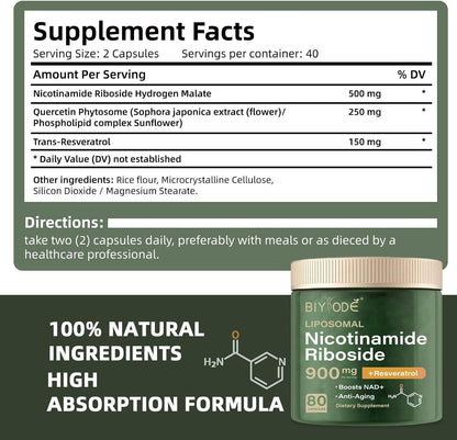 Liposomal NAD+ Nicotinamide Riboside Capsules 900mg with Resveratrol & Quercetin – Energy & Anti-Aging Support 80 Capsules