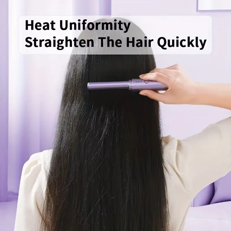 Portable Wireless Electric Hair Straightener Brush - Cordless Ionic Heating Comb for Smooth & Curly Hair - USB Rechargeable Travel Hair Styler