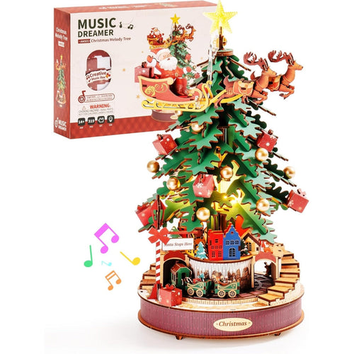 Caixa de Música Árvore de Natal Melodia – Puzzle 3D de Madeira com Luz