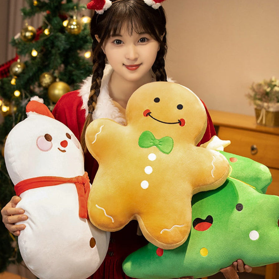 Almohada de peluche navideña – Cojines de jengibre, árbol y muñeco de nieve