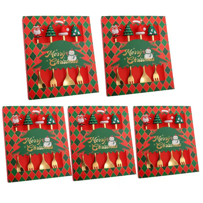 Conjunto de 4 Colheres de Natal Douradas – Colheres Festivas de Sobremesa e Café para o Natal