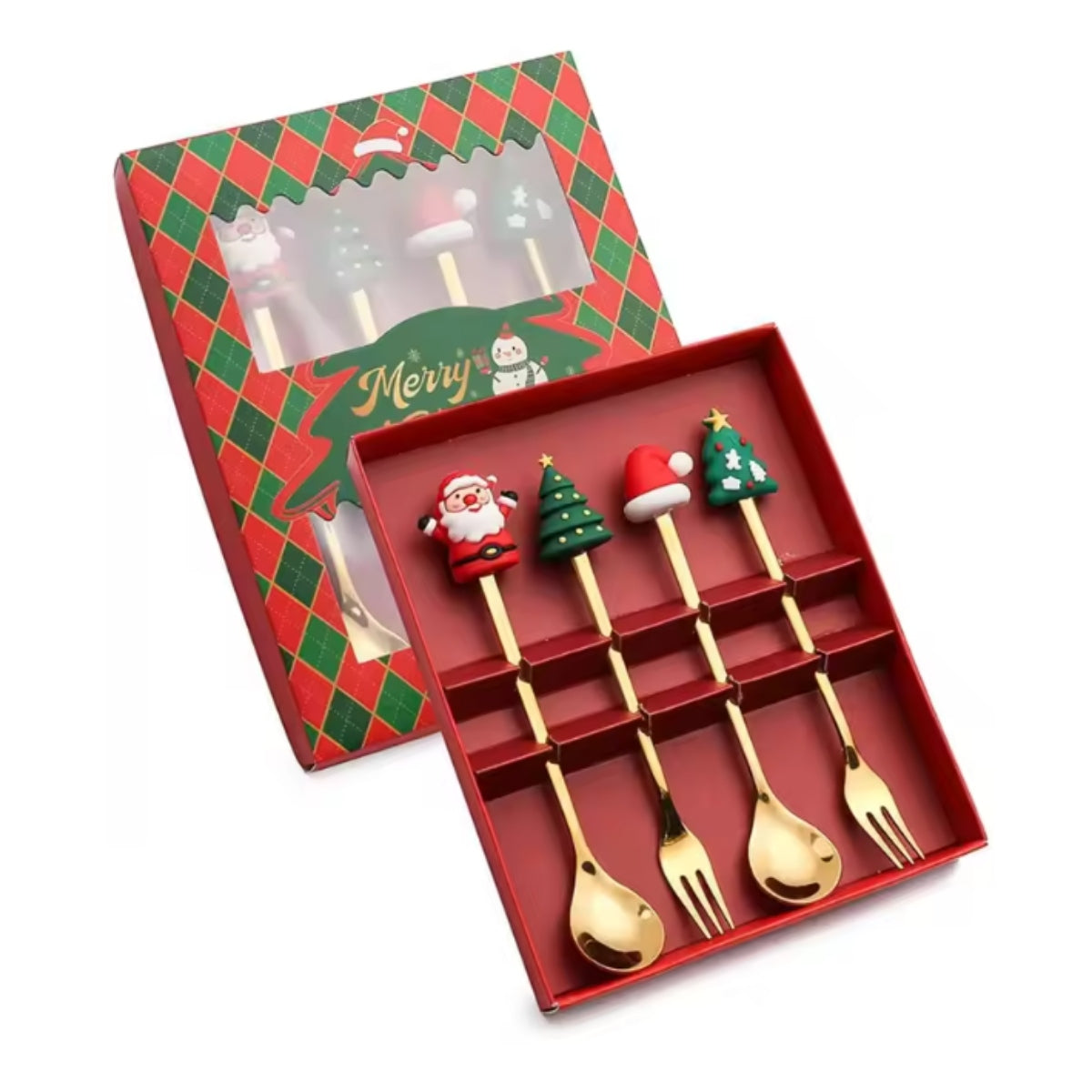 Conjunto de 4 Colheres de Natal Douradas – Colheres Festivas de Sobremesa e Café para o Natal
