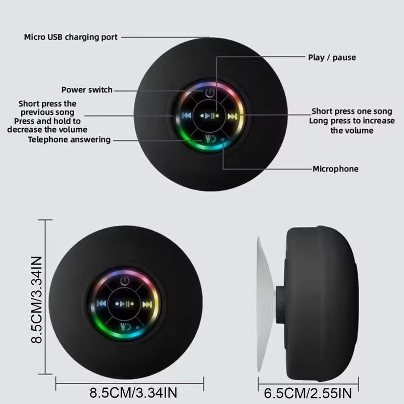 Mini Coluna Bluetooth Impermeável para Duche – Subwoofer com Ventosa e Microfone Mãos-Livres para Casa de Banho, Piscina, Carro e Exterior