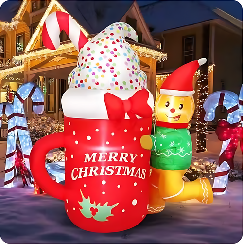 Boneco de Gengibre Insuflável de Natal 1.4 m com Caneca – Decoração de Exterior com Luzes LED