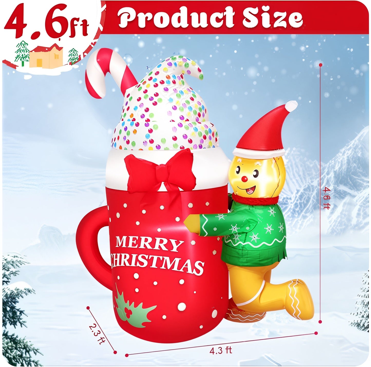 Boneco de Gengibre Insuflável de Natal 1.4 m com Caneca – Decoração de Exterior com Luzes LED