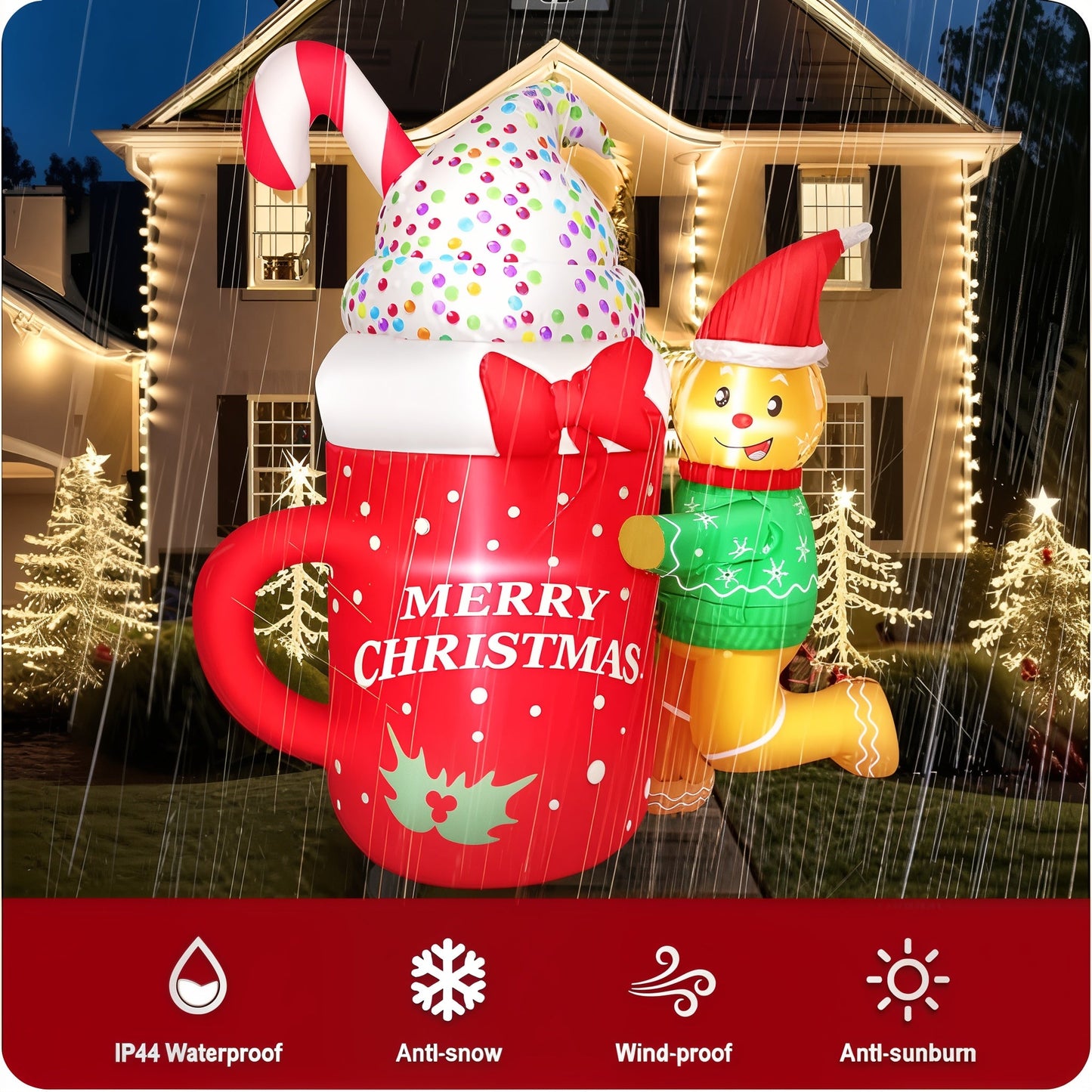 Boneco de Gengibre Insuflável de Natal 1.4 m com Caneca – Decoração de Exterior com Luzes LED