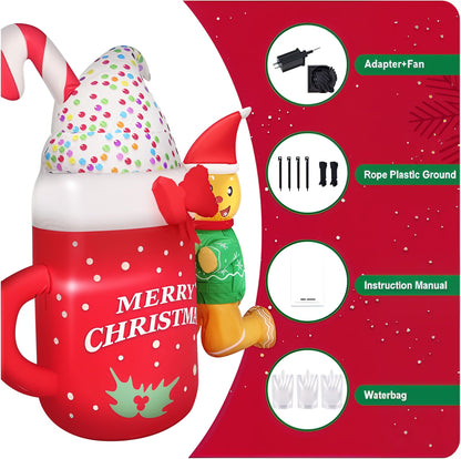 Boneco de Gengibre Insuflável de Natal 1.4 m com Caneca – Decoração de Exterior com Luzes LED