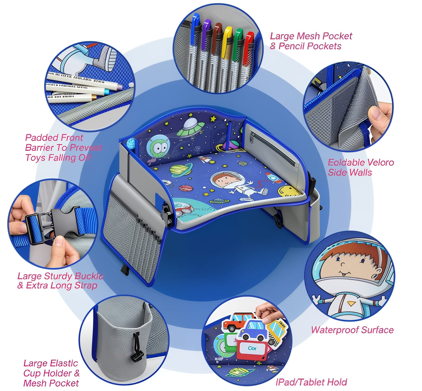 Bandeja de Viagem Infantil para Carro – Secretária de Colo e Organizador para Viagens de Carro, Avião e Assento de Carro