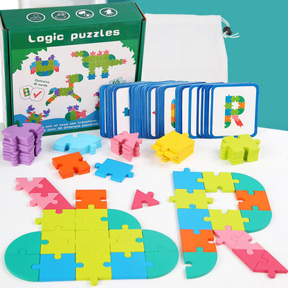 65pc Wooden Geometric Shape & Letter Puzzle – Educational STEM Toy for Toddlers & Preschoolers